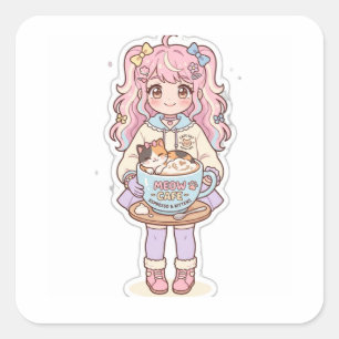 Kawaii Neko Cafe Anime Meisje Chibi Sticker