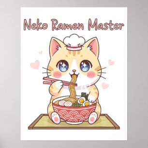 Kawaii Neko Ramen Master Schattige Kat Voedsel Che Poster