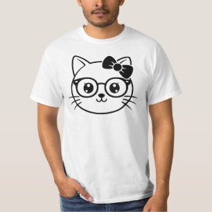 Kawaii Nerdy Kattengezicht met Bril en Strik Lijn T-shirt
