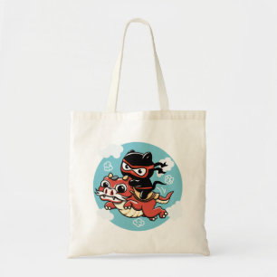 Kawaii Ninja Cat Riding a Red Dragon Button Tote Bag