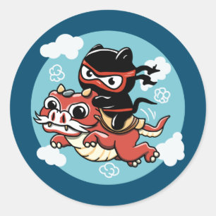 Kawaii Ninja Cat Riding a Red Dragon Ronde Sticker