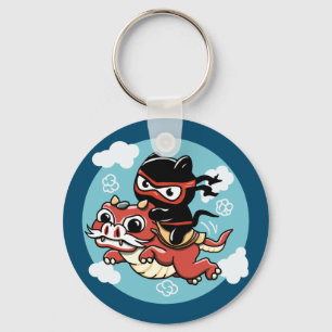 Kawaii Ninja Cat Riding a Red Dragon Sleutelhanger