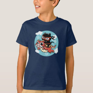 Kawaii Ninja Cat Riding a Red Dragon T-shirt