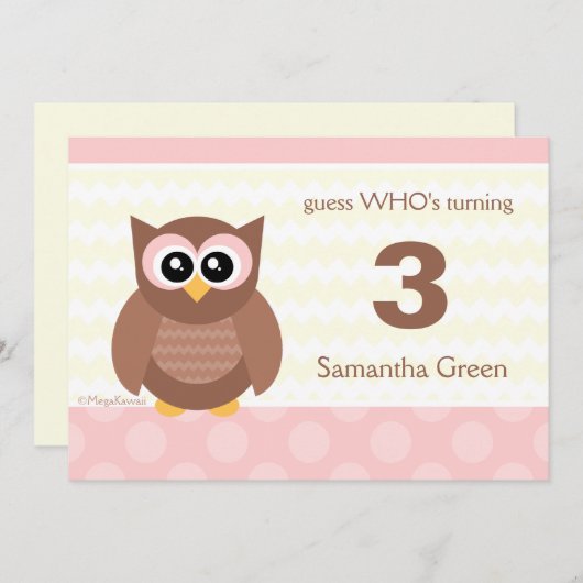 Kawaii Owl Birthday Party Invitations Kaart (Voorkant / Achterkant)