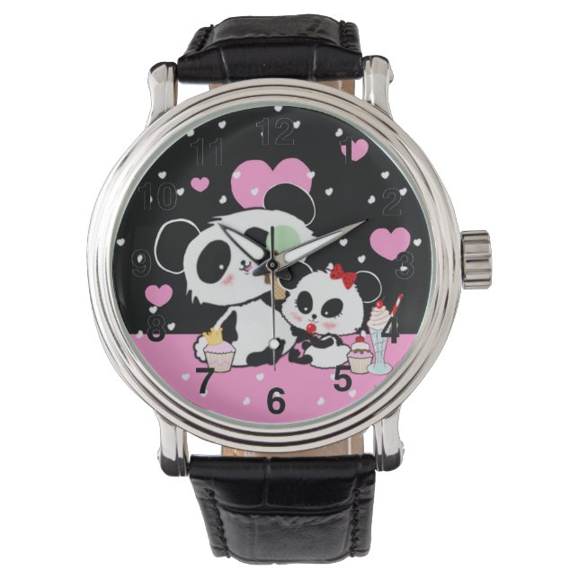 Kawaii Panda Beer Picknick Moeder Dochter van Leah Horloge (Voorkant)