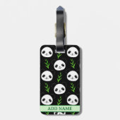 Kawaii Panda Patroon Bamboe in Zwart Wit Groen Bagagelabel (Achterkant verticaal)