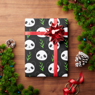 Kawaii Panda Patroon Bamboe in Zwart Wit Groen Cadeaupapier
