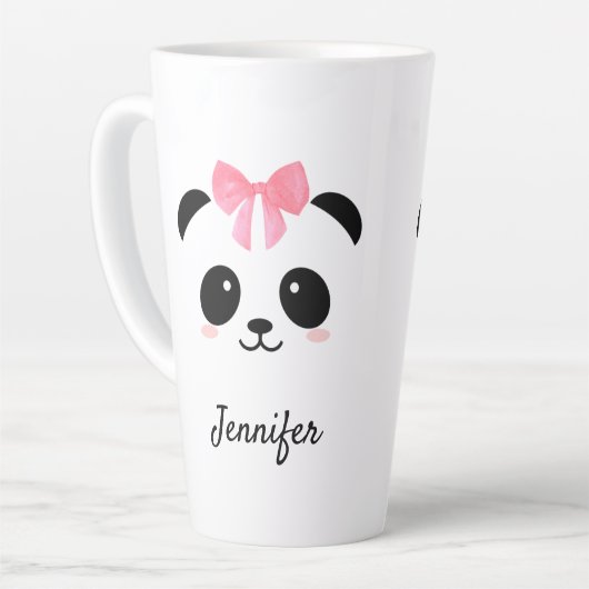 Kawaii panda schattig roze lintje gepersonaliseerd latte mok (Linkerhoek)