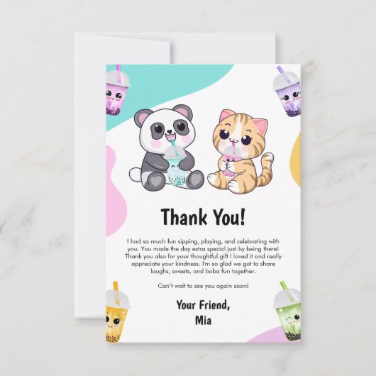 Kawaii Panda & Tiger Bubble Tea Kinderen Verjaarda Bedankkaart (Voorkant)