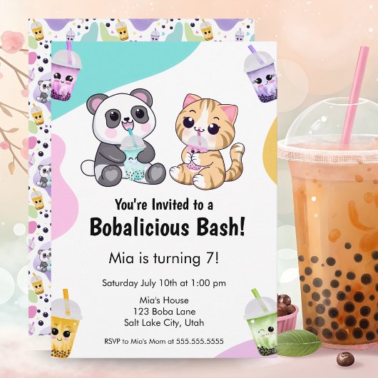 Kawaii Panda & Tiger Bubble Tea Kinderen Verjaarda Kaart