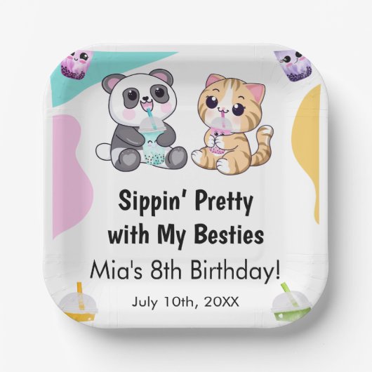 Kawaii Panda & Tiger Bubble Tea Kinderen Verjaarda Papieren Bordje (Voorkant)