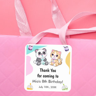 Kawaii Panda & Tijger Bubble Tea Kinderverjaardag  Vierkante Sticker