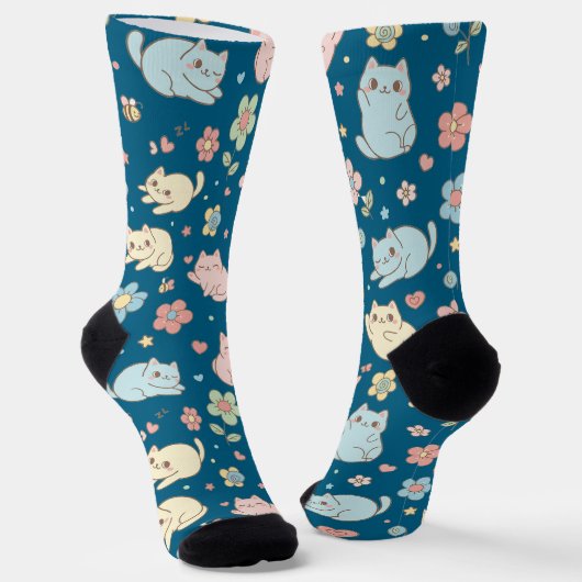 Kawaii Pastel Cats and Flowers Pattern Socks Sokken (Gebogen)