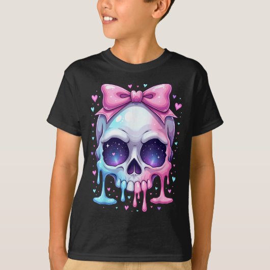 Kawaii Pastel Goth Creepy Bowtie Girl Skull Hallow T-shirt (Voorkant)