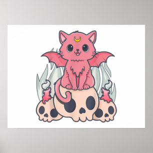 Kawaii Pastel Gothic Cute Creepy Demon Cat and Sku Poster