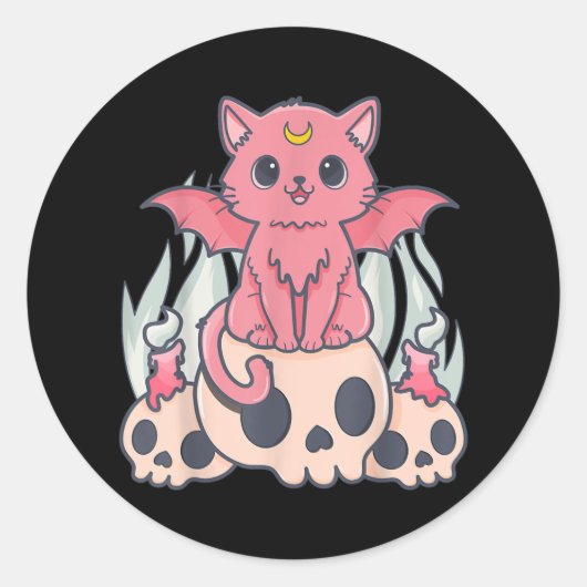 Kawaii Pastel Gothic Cute Creepy Demon Cat and Sku Ronde Sticker (Voorkant)