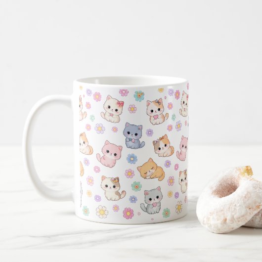 Kawaii Pastel Kittens and Flowers Pattern Mug (Avec donut)