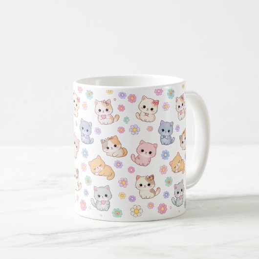 Kawaii Pastel Kittens and Flowers Pattern Mug (Devant droit)
