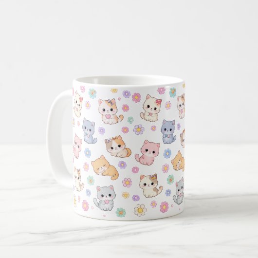 Kawaii Pastel Kittens and Flowers Pattern Mug (Devant gauche)