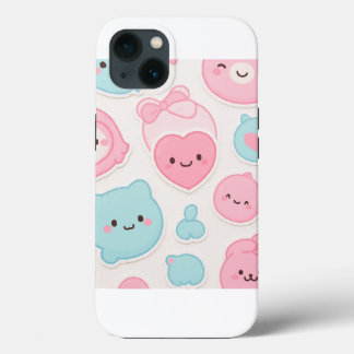 Kawaii Pastel Moppige Gezichten Sticker Set – Roze iPhone 13 Hoesje