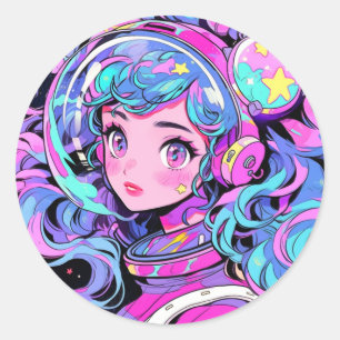 Kawaii Pastel Roze en Blauwe Ruimte Anime Meisje Ronde Sticker