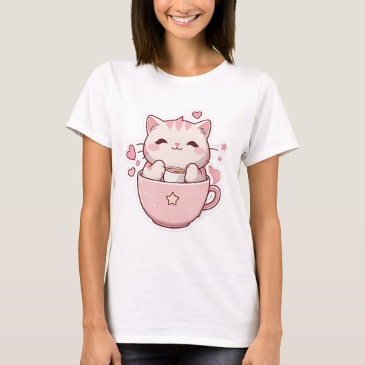 Kawaii pastel roze kat T-Shirt (Voorkant)