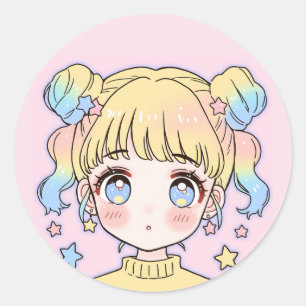 Kawaii Pastel Ster Meisje Portret Ronde Sticker