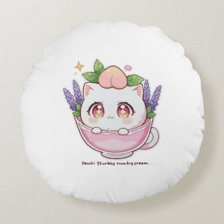 Kawaii Peach Cat in het Lavender Teacup Sierkussen Rond Kussen