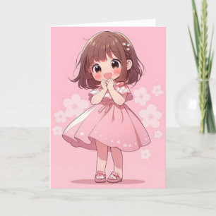 Kawaii Pink Anime Girl Chibi Feestdagen Kaart
