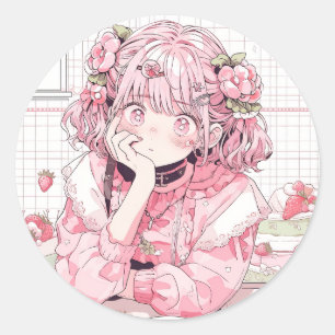 Kawaii Pink Cafe Anime Girl Ronde Sticker