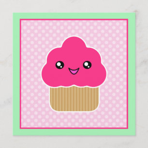 Kawaii Pink Cupcake Birthday Party Kaart