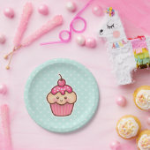 Kawaii Pink Cupcake en Cute Mint Blue Polka Dots Papieren Bordje (Feest)