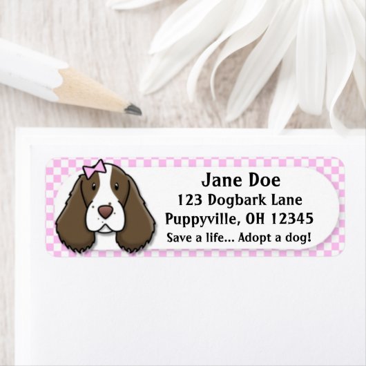 Kawaii Pink Gingham Engelse Springer Spaniel Etiket (Insitu)