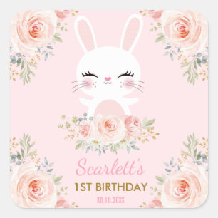 Kawaii Pink Gold Bunny Birthday Party Favors Vierkante Sticker