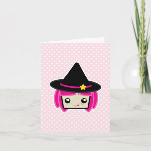 Kawaii Pink Haire Witch Note Card Kaart