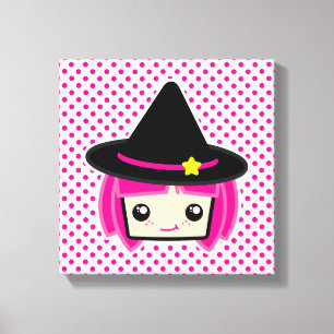 Kawaii Pink Haire Witch Wrapped Canvas Afdruk