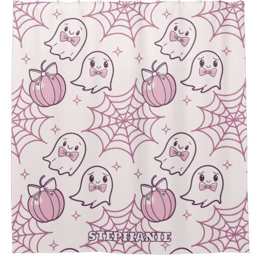 Kawaii Pink Halloween Ghosts & Pumpkin Douchegordijn (Voorkant)