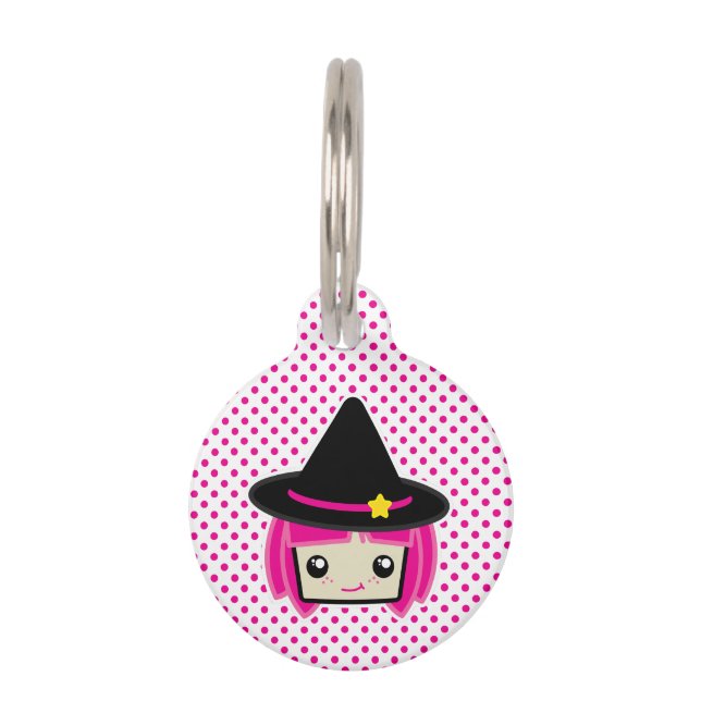 Kawaii Pink Hazard Witch Dog Label Huisdierpenning (Voorkant)