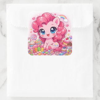 Kawaii Pink Pony Chibi Art – Sweet Candy & Cupcake Vierkante Sticker
