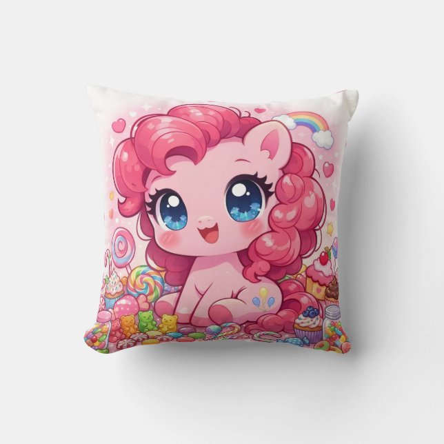 Kawaii Pink Pony Chibi Art Throw Pillow Kussen (Voorkant)
