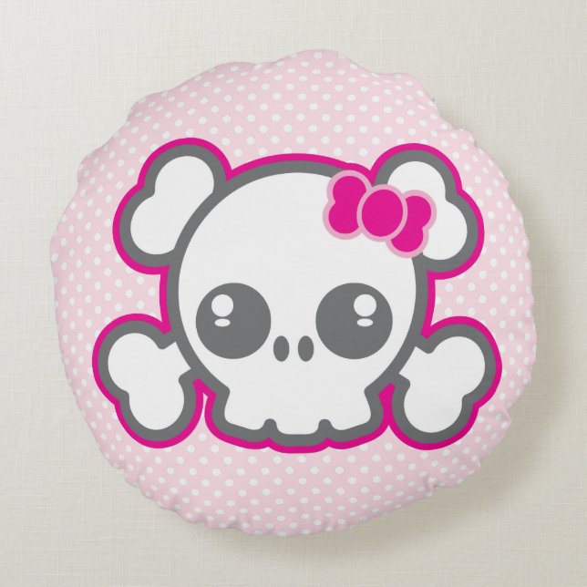 Kawaii Pink Ribbon Skull Round Pillow Rond Kussen (Achterkant)