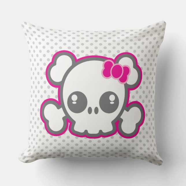 Kawaii Pink Ribbon Skull Sierkussen (Voorkant)