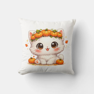 Kawaii Pompoen Kroon Kitty – Schattige Herfst Kat Kussen