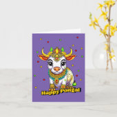 Kawaii Pongal Versierde Koe Kaart (Gele Bloem)