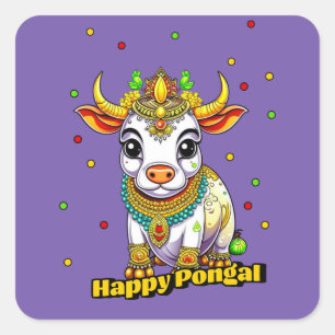Kawaii Pongal Versierde Koe Vierkante Sticker
