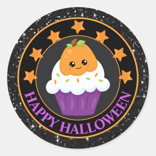 Kawaii Pumpkin Halloween Cupcake Ronde Sticker (Voorkant)