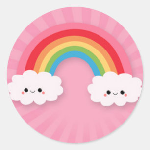 Kawaii Regenboog en Wolken op Roze Starburst Ronde Sticker