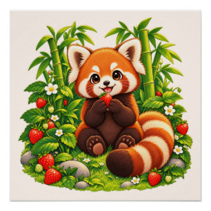 Kawaii Rode Panda Aardbeituin Glanzende Poster Perfect Poster