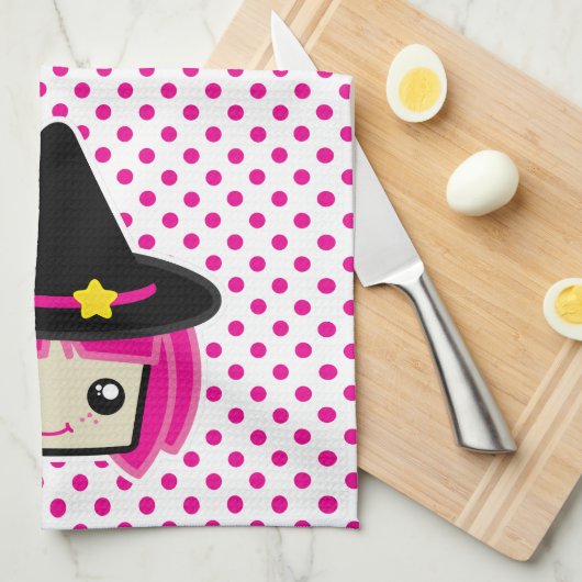 Kawaii rose Haired Witch serviette de cuisine (Quart Plié)