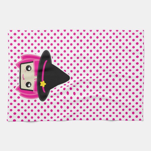 Kawaii rose Haired Witch serviette de cuisine (Horizontal)